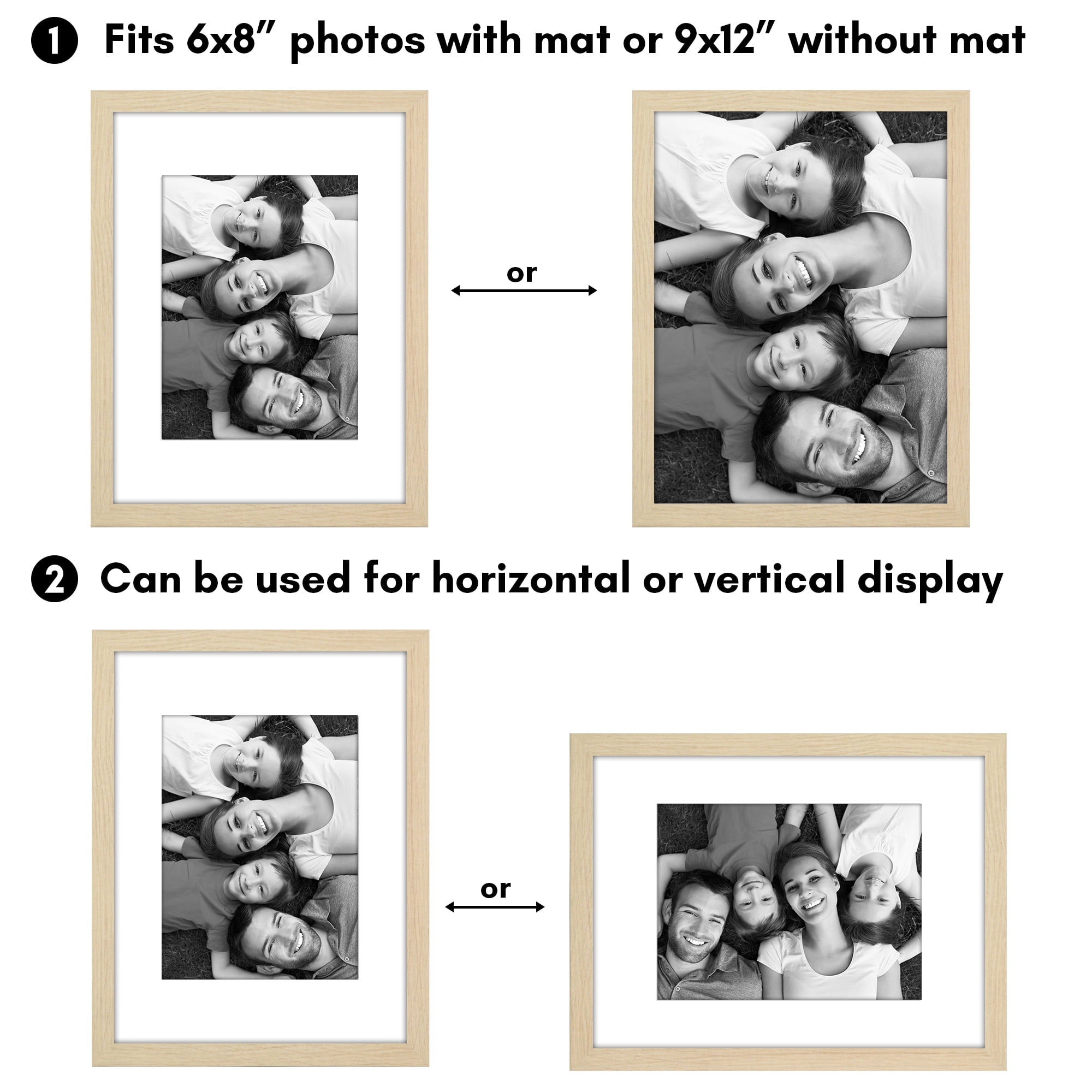 Americanflat 9x12 Picture Frame with Polished Plexiglass with 6x8 Mat 2 Pack Display Photo Wall - Natural Oak