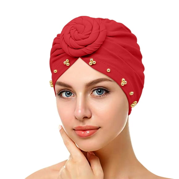 Bunenne Turbans for Women Chemo Caps for Women Hair Wrap for Sleep Womens Fashion Elastic Solid Color Comfortable Cap Beaded Large Cap for Women Head Scarf Hair Coverings for Women Red One Size