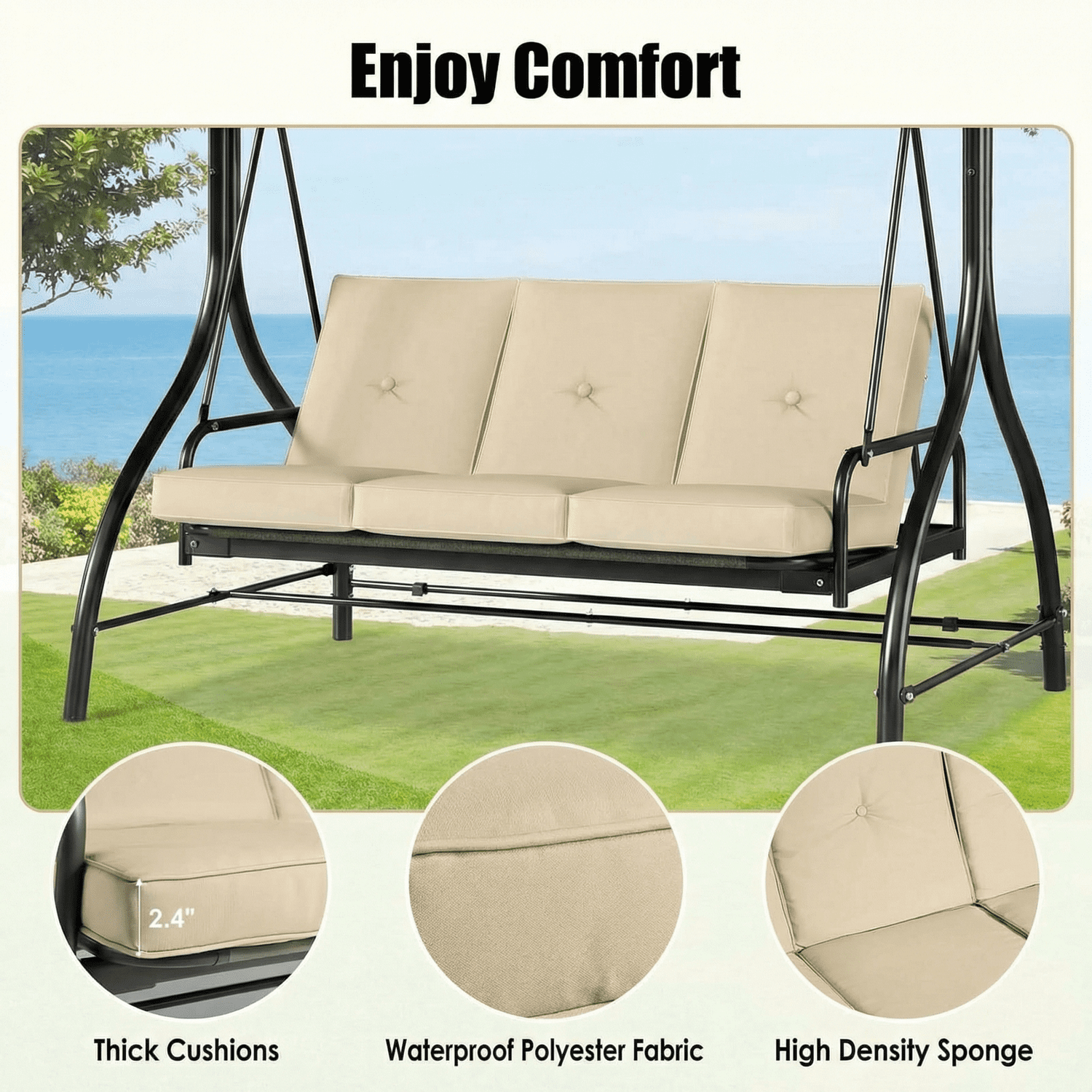 Pirecart 3-Seat Patio Porch Swing, Outdoor Converting Swing Chair with Canopy & Cushion, Graden, Yard, Beige