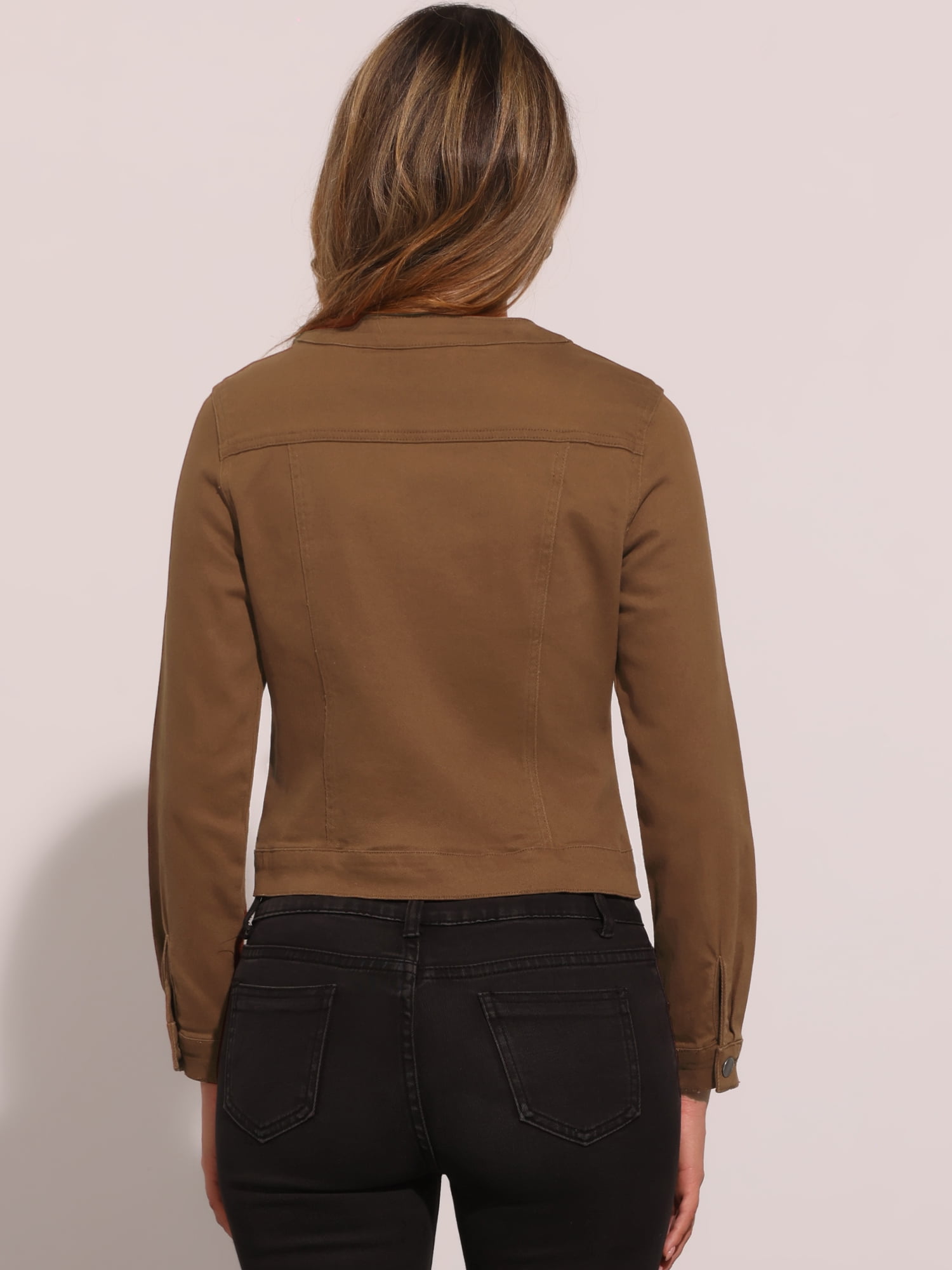 DARING DIVA Women's Button Down Collarless Cropped Denim Jacket M Dark Brown