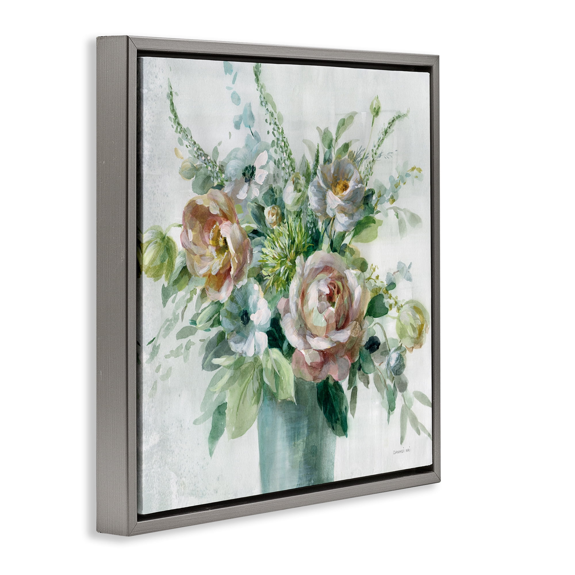 Stupell Industries Sage & Peach Blossoms Botanical & Floral Painting Gray Floater Framed Art Print Wall Art, 25 x 25
