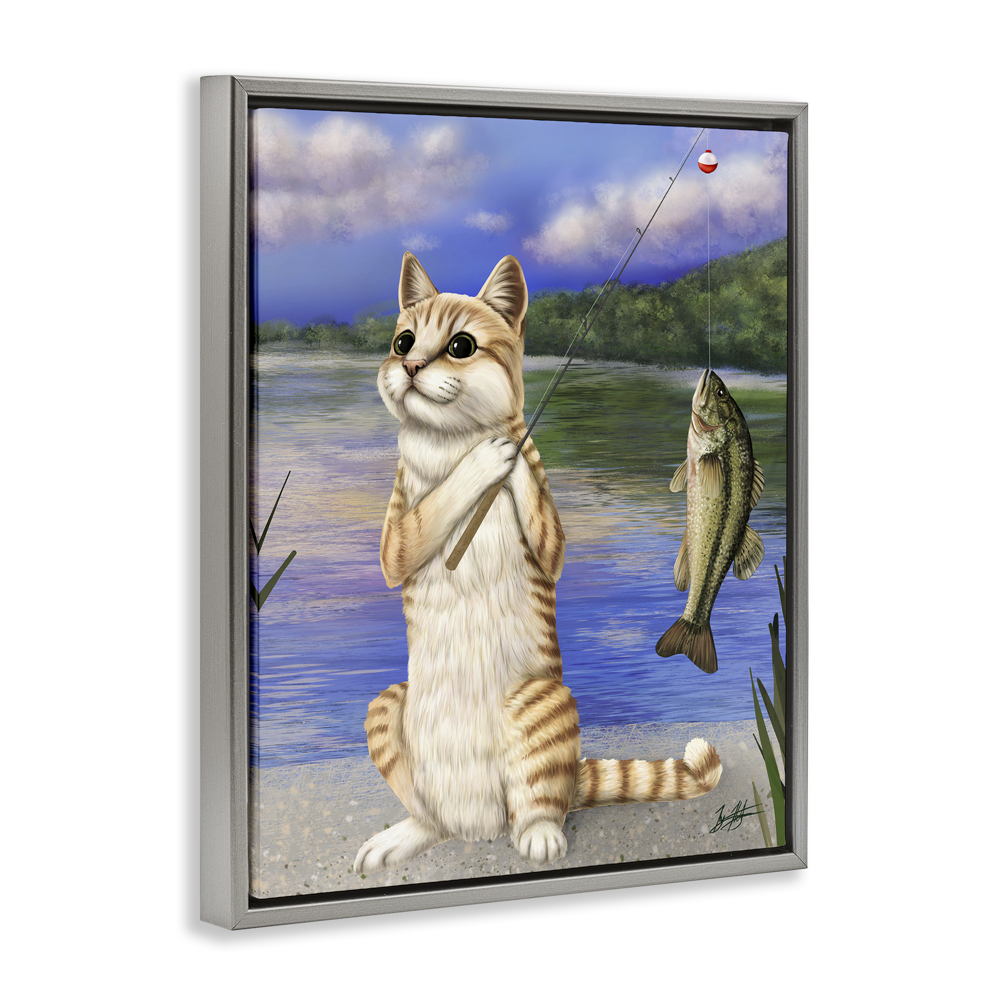 Stupell Industries Fishing Cat by Lake Animals & Insects Painting Gray Floater Framed Canvas Art Print Wall Art, 25 x 31