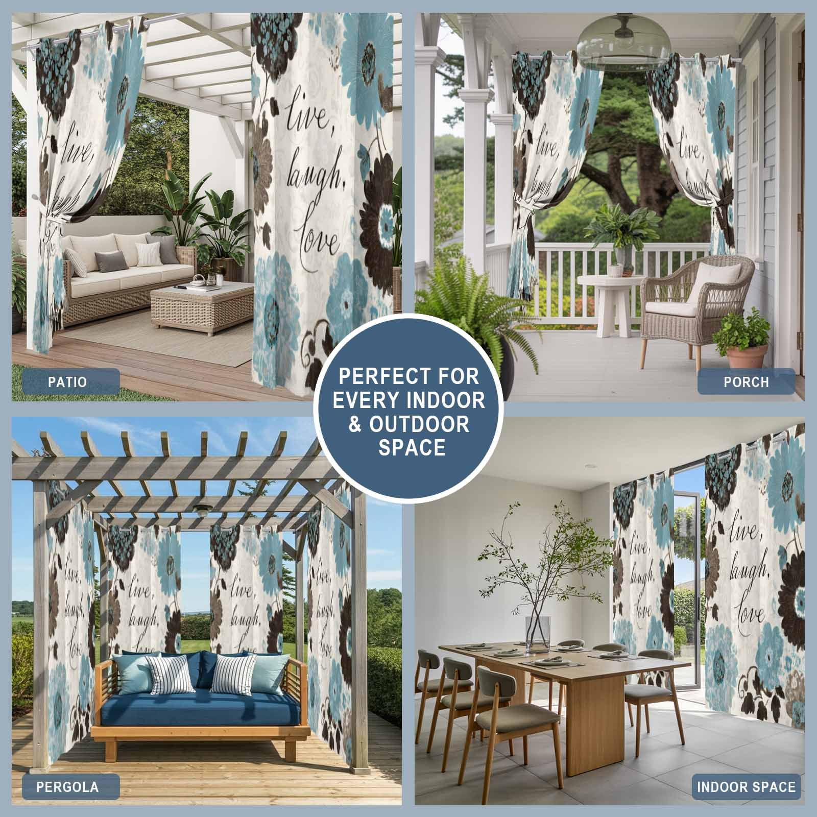 Blue Brown Flower Outdoor Curtains for Patio, Laugh Love Live Plant Farmhouse Sunshade Privacy Drapes Grommet Waterproof Outside Curtains for Porch/Cabana/Balcony 54"x 108", 1 Panel