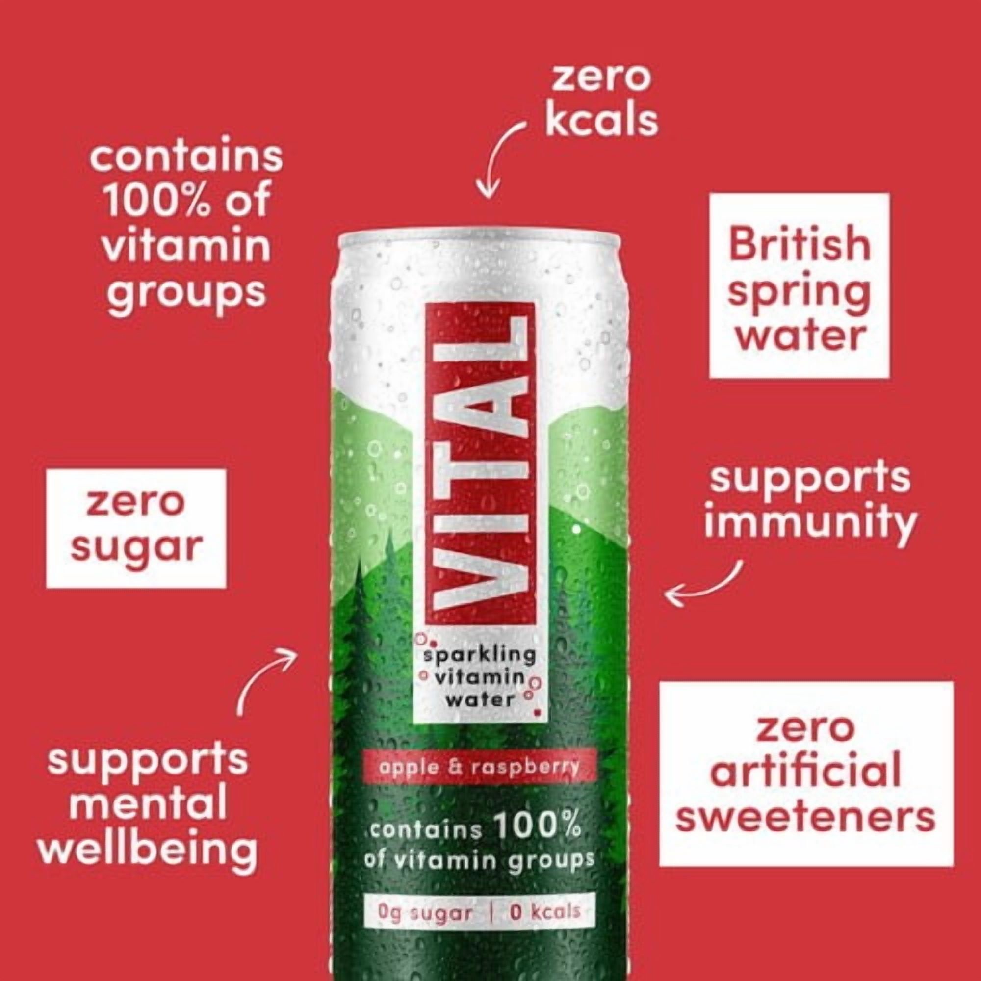 VITAL Drinks Sparkling Apple & Raspberry Vitamin Water 4 x 330ml, British Import (Pack of 2)