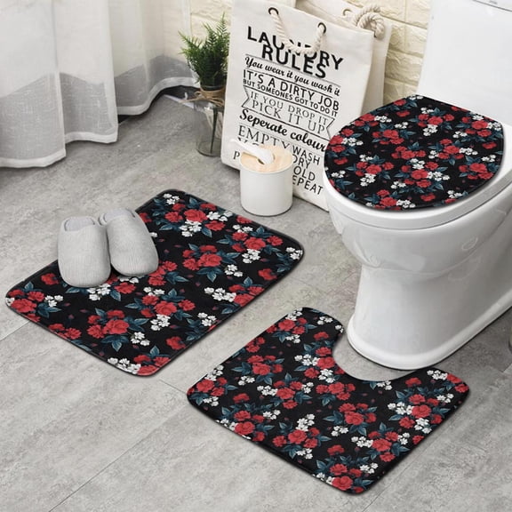 Pioneer Flower Floral Print Pattern Bathroom Rugs Sets 3 Piece,Toilet Cover Set,Absorbent Non Slip Bathroom Mats Sets with U-Shaped Contour Rug Toilet Rug Set