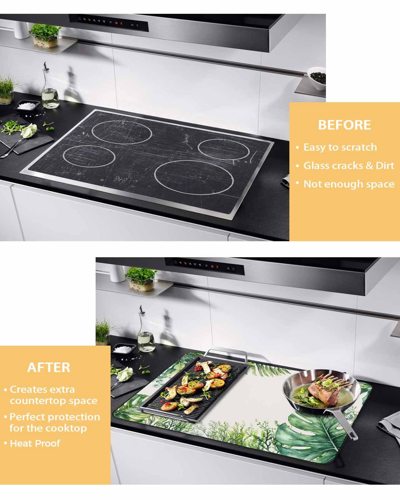 nqOlkjepod Large Induction Cooktop Protector Mat 24"x21", Tropical Palm Leaf Stove Top Covers for Electric Stove, Summer Rustic Botanical Leaves Stove Burner Cover Mats, Glass Top Stove Cover