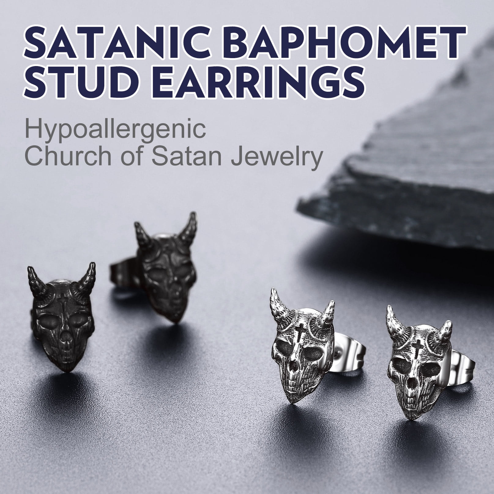 Bandmax Black Stainless Steel Skull Stud Earrings for Men Wowen Devil Skeleton Horns Earrings with Cross Symbol for Biker