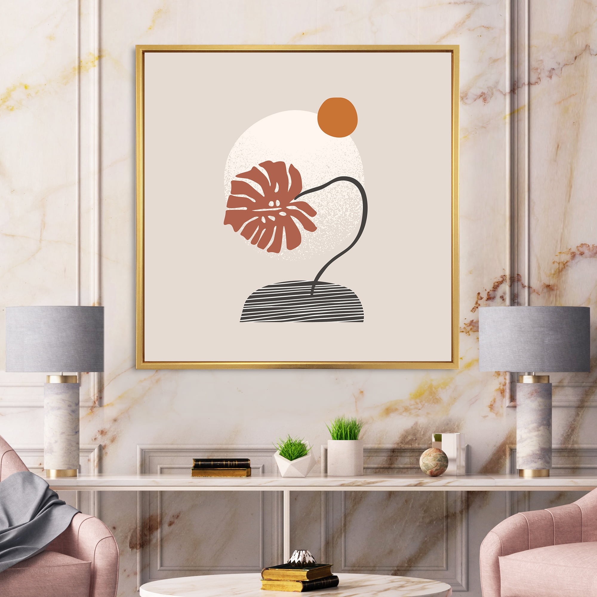 Designart 'Abstract Geometry Shapes and Tropical Palm Leaf III' Modern Framed Canvas Wall Art Print