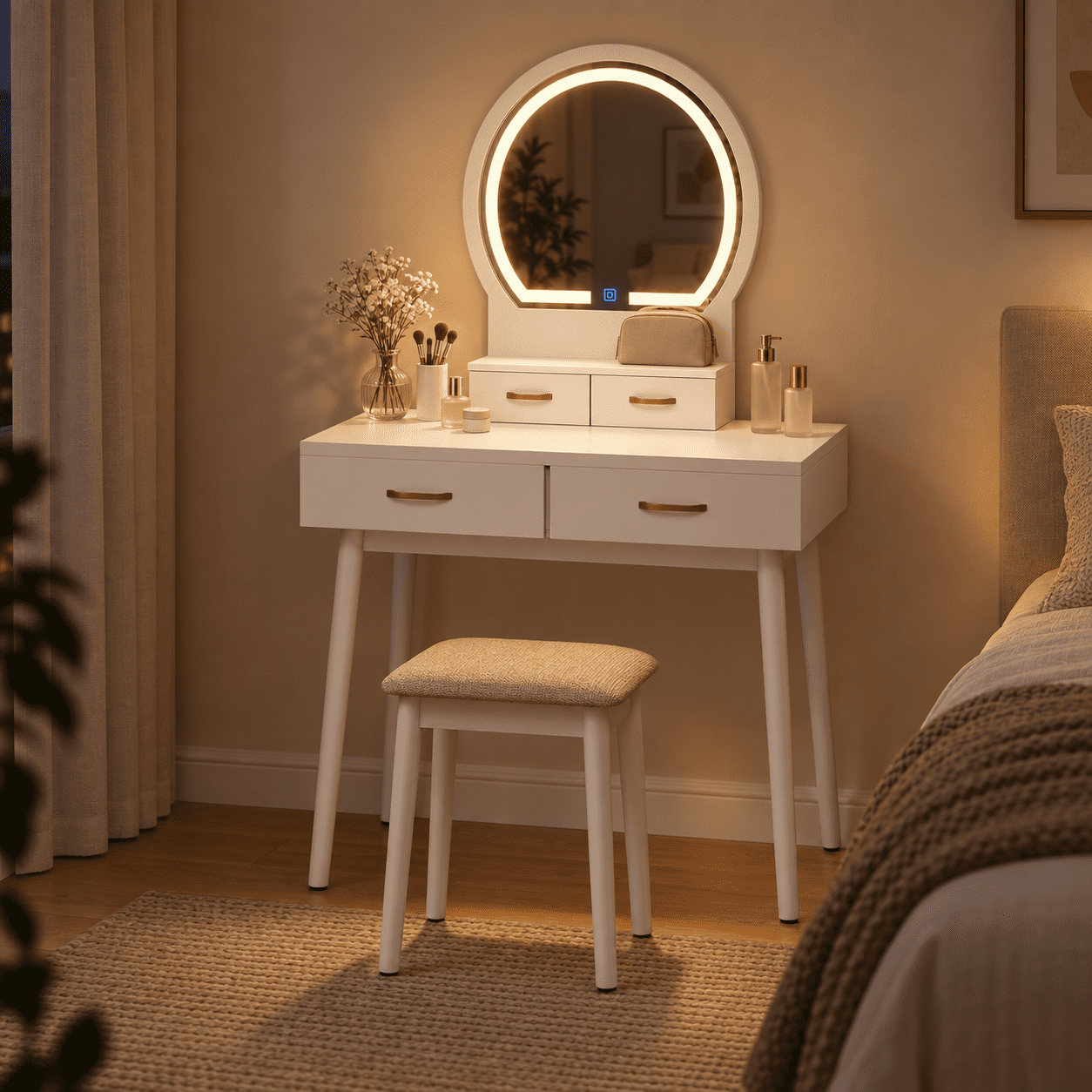 Furnibear Small Vanity Desk Set With LED Lighted Mirror and Cushioned Stool, Compact Makeup Dressing Table With 4 Drawers, White