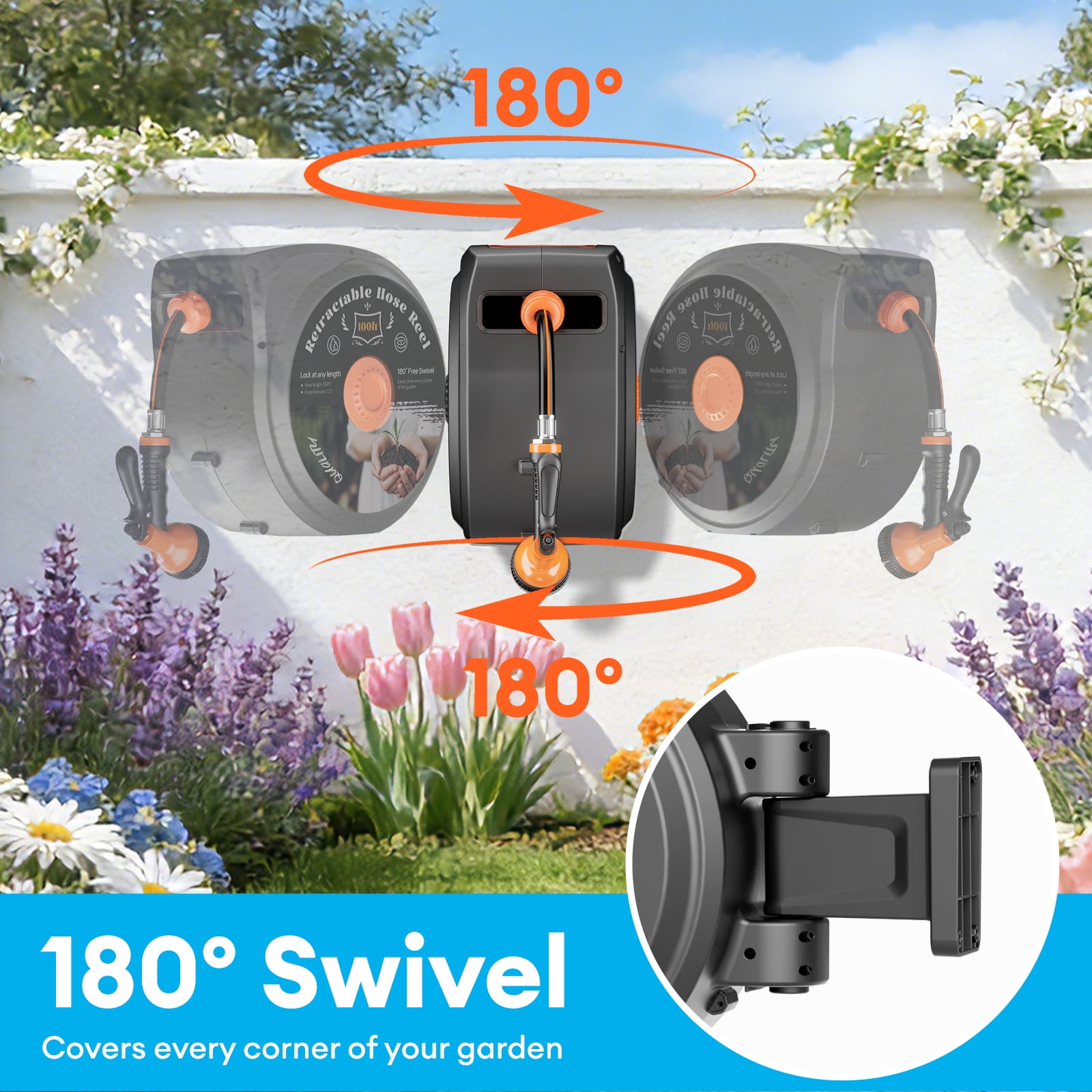 TABU Retractable Garden Hose Reel, 1/2 Inch x 130 FT Hose Reel with 10 Pattern Nozzle, Slow Return System & 180°Swivel Bracket