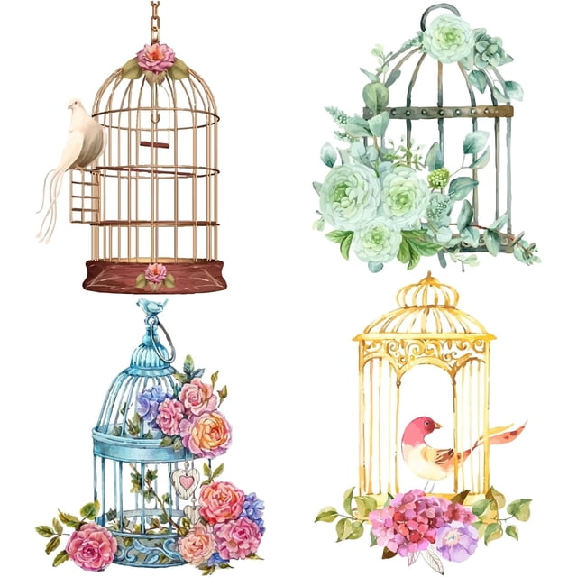 Adhesivos para ventanas con diseño de jaula de pájaros, flores, pájaros, primavera y verano, para puertas corredizas de cristal, vinilos de alerta anticolisión.