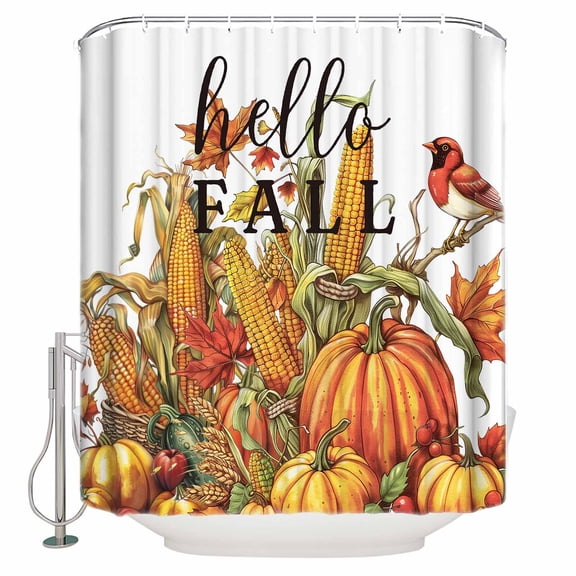 Extra Long Shower Curtain 72x84 Inch, Hello Fall Shower Curtain Waterproof Bathroom Decor Orange Pumpkins Birds Thanksgiving Fabric Bath Curtain Set Accessories with Hooks