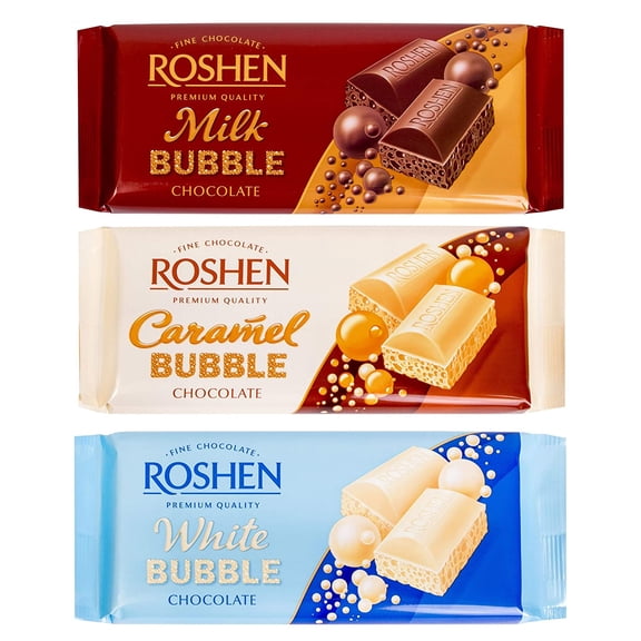 Roshen "Aerated" Assorted Flavors of White, Caramel and Milk chocolate bars, Kosher and Halal, 85 grams