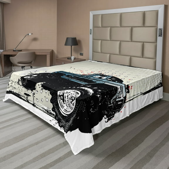 Ambesonne Truck Flat Sheet, Halftone Monster Pickup, California King, Ivory Blue Black
