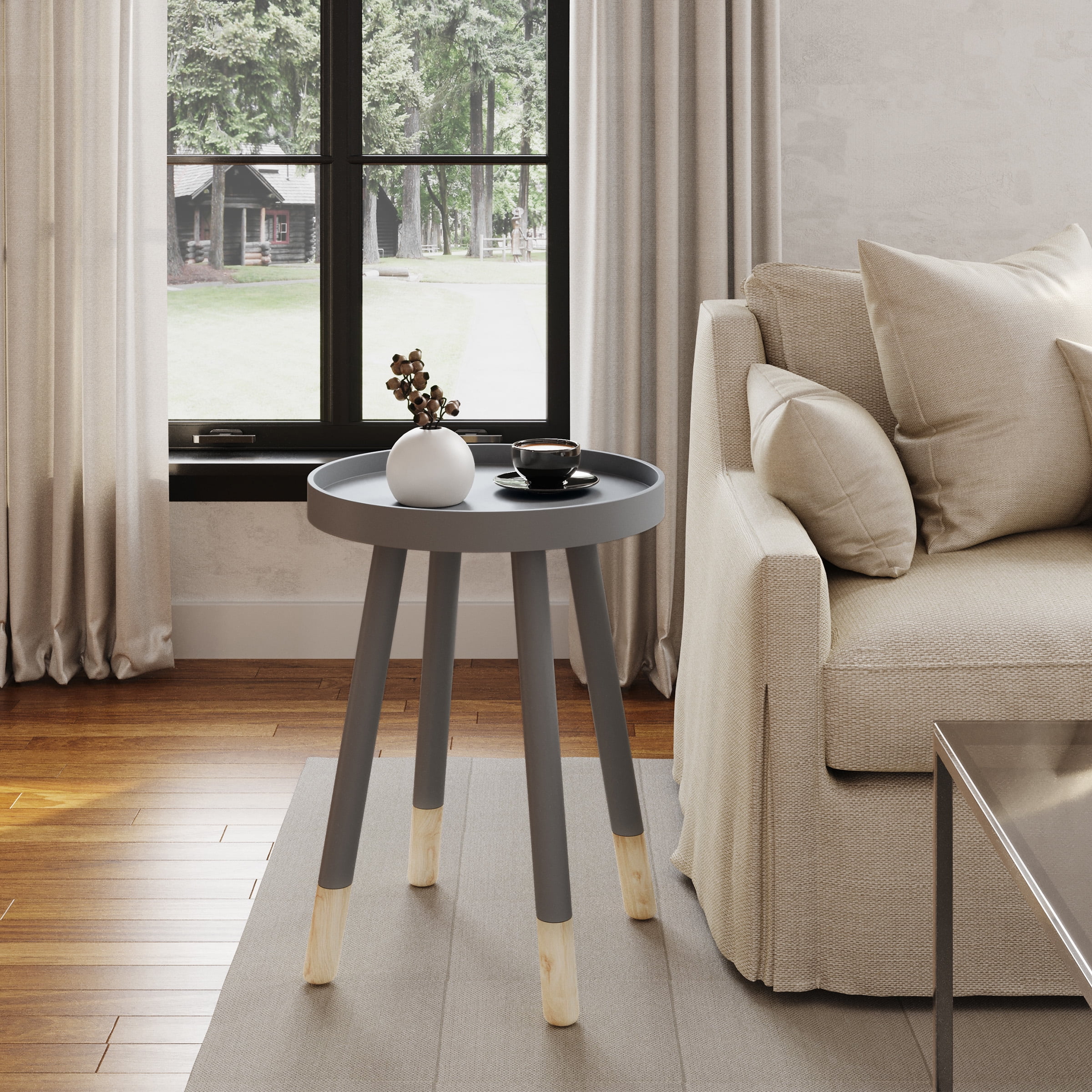 Lavish Home Mid-Century Modern Round End Side Table with Tray Top – Living Room, Bedside & Decor, Gray