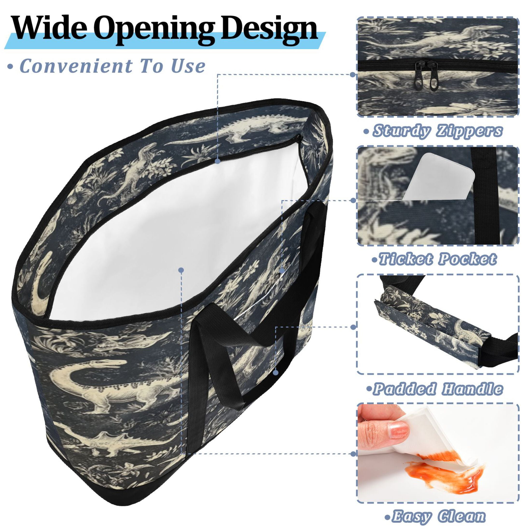 Large Hand-held Ice Pack Picnic Bag Insulation and Refrigeration Suitable for Shopping Picnics and Camping Black and White Dinosaur