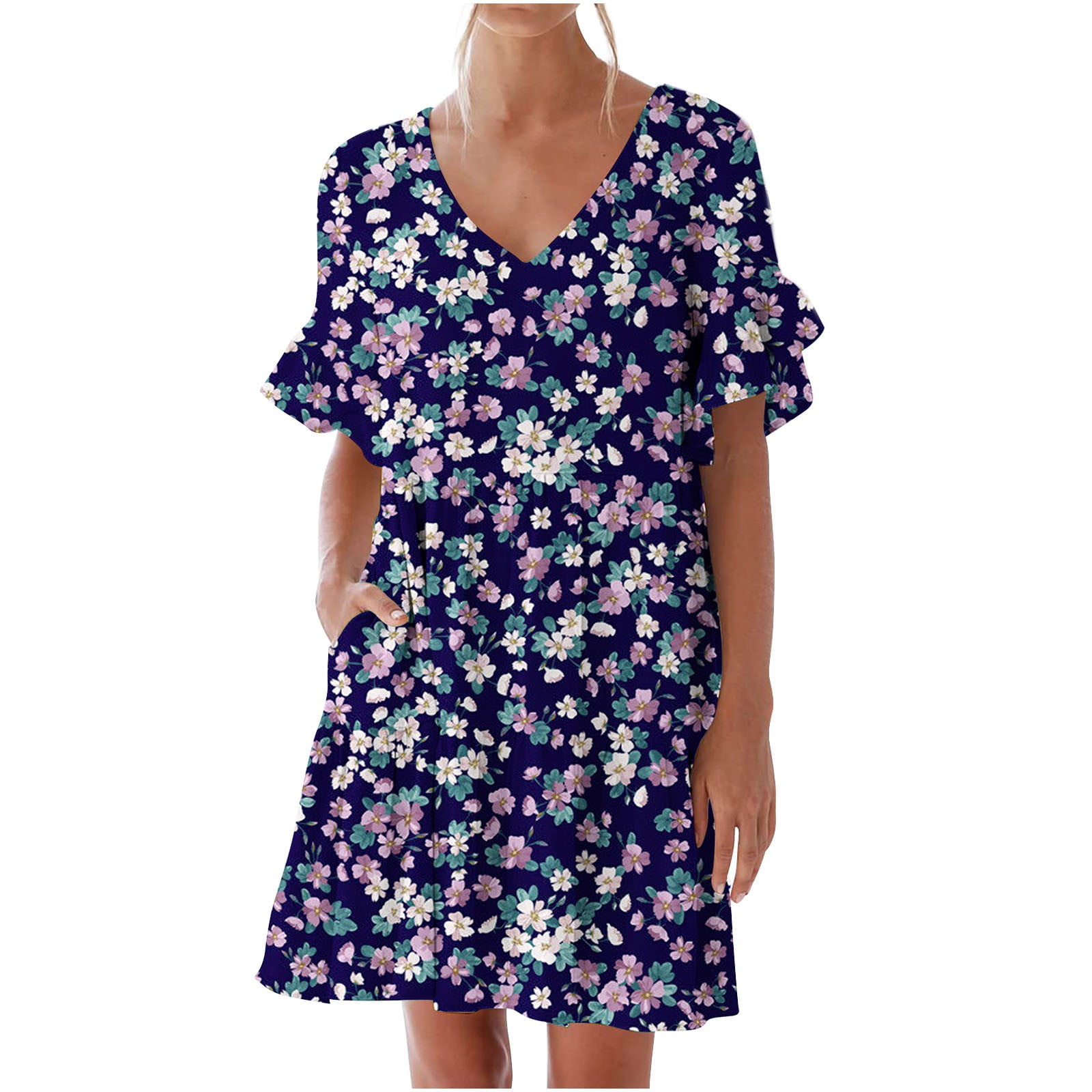 USSUMA Short Sleeve Sundresses for Women Floral Print Short Mini Beach Party Dresses Bohemian