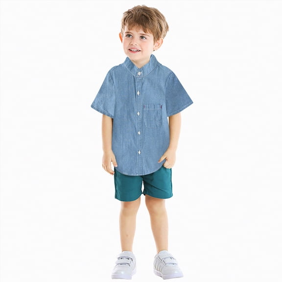 NIEWTR Boys Denim Short Sleeve Button Up Shirt Durable Casual Tops for School & Weekend Outings(Light Blue,18-24 Months)