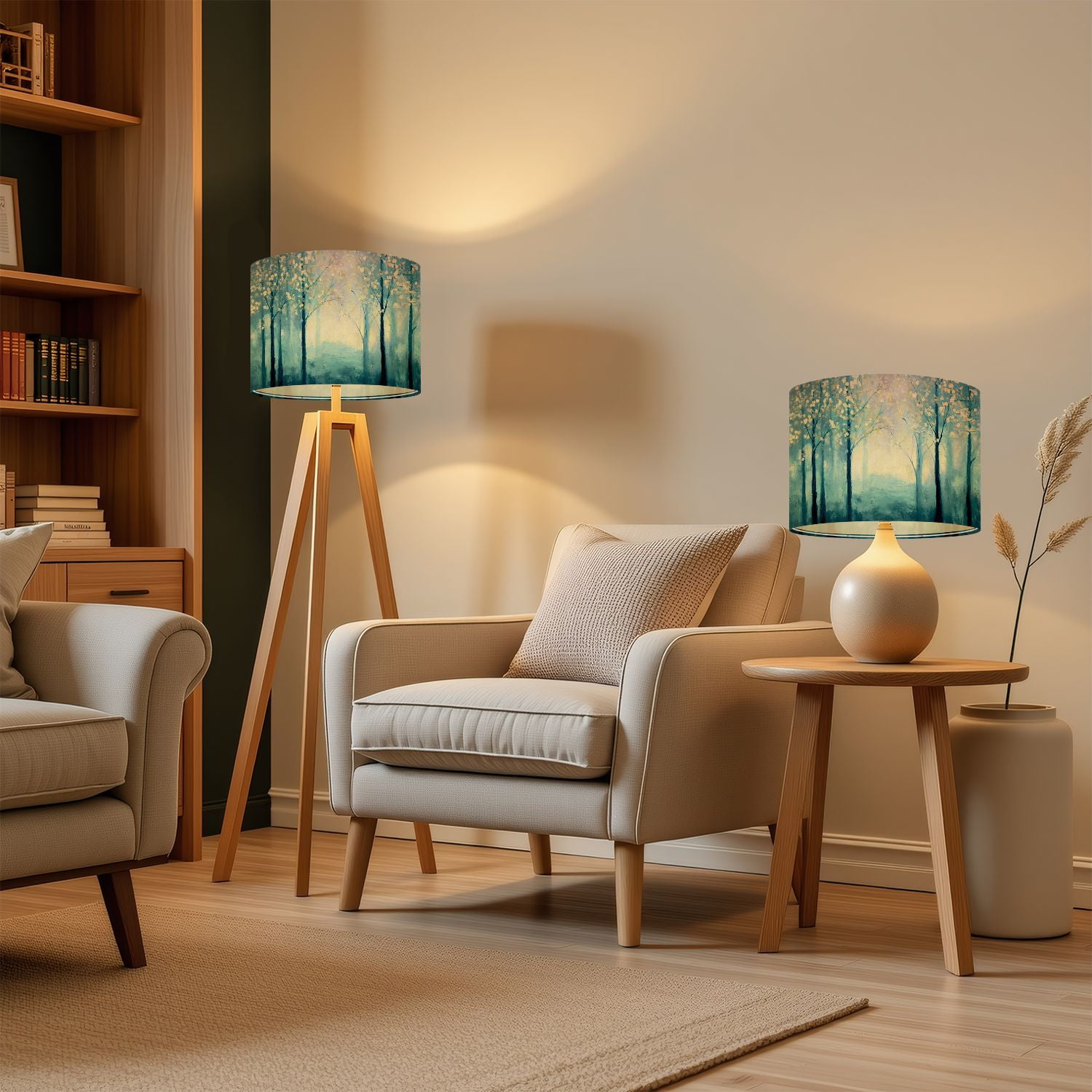 Lampshades 2 Pack Teal Landscape Blue Forest Textured Panoramic Abstract Nature Abstract 13"x13"x10" Light Shade for Table Lamps Floor Lamps Drum Lamp Shades Lampshade Replacement Easy Assembly