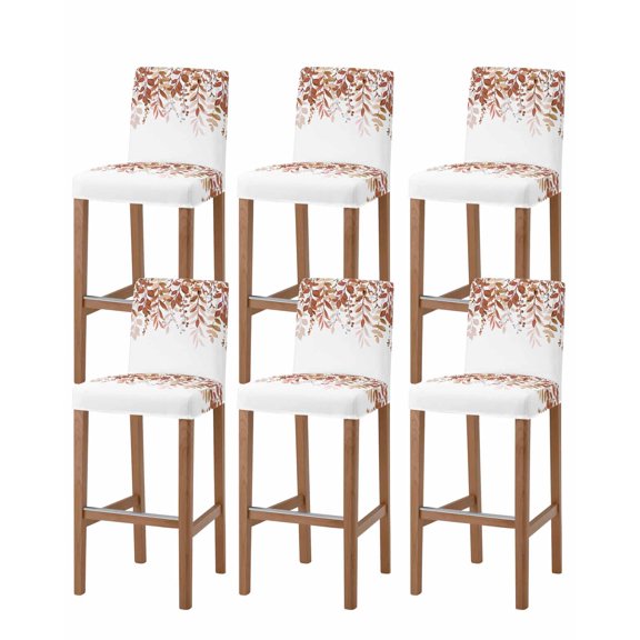 Brown Leaves Bar Stool Covers Set of 6, Summer Botanical Stretch Washable Bar Chair Covers with Backs, Removable Pub Counter Height Chair Cover for Kitchen Dining Room Cafe Watercolor Weeping