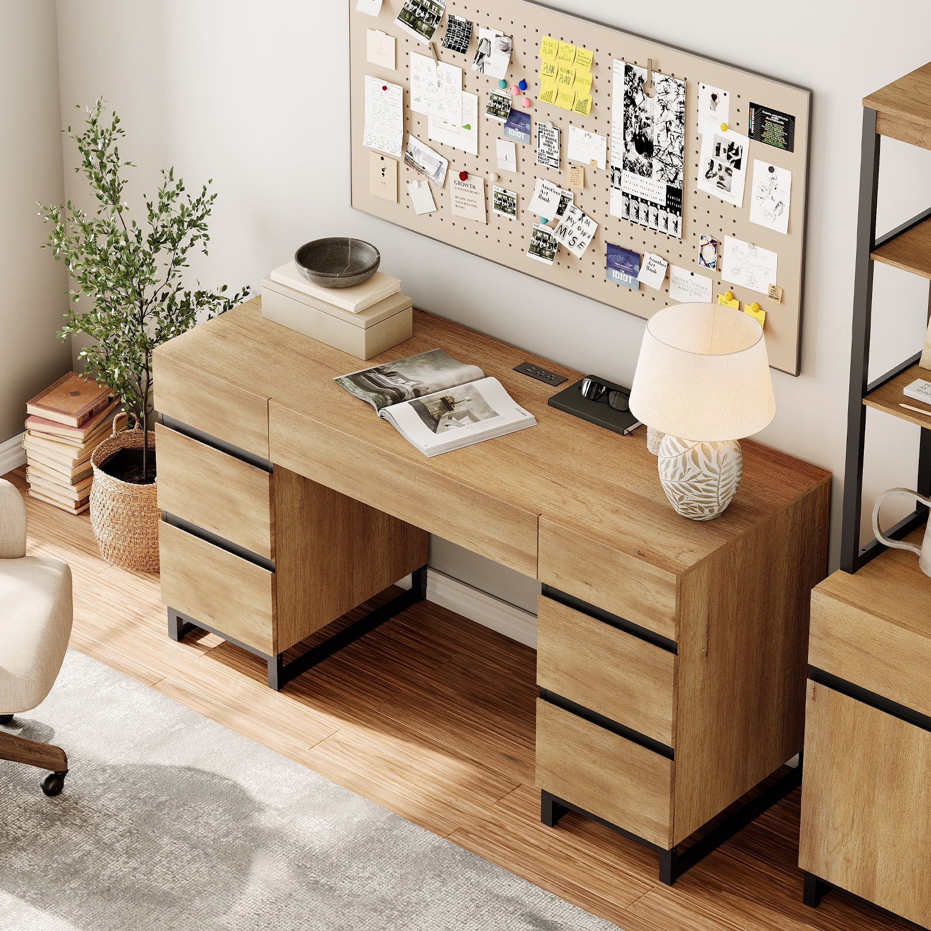 WAMPAT Home Office Furniture Set: 59in Modern Executive Desk with Charging Station & Drawers and Two 72in Tall Bookcases with Storage Cabinet, Home Office Furniture for Living Room, Oak