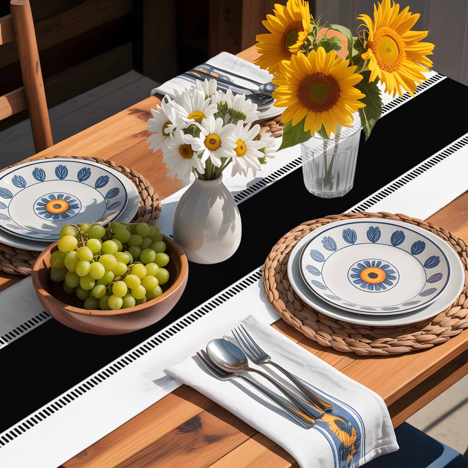 Burlap Table Runner 90 Inches Long, Modern Black Stripe on White Non-Slip Kitchen Table Runners for Dining Room Everyday Use Party Table Decorations Minimalist Geometric Art