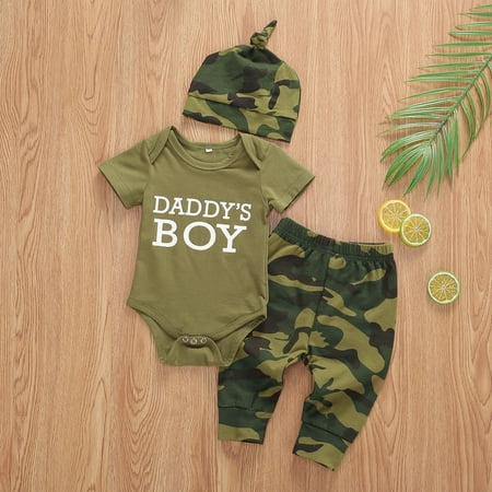 

Baby Boys Girls Short Sleeve Romper Tops Camouflage Long Pants Hat/Headband Outfit