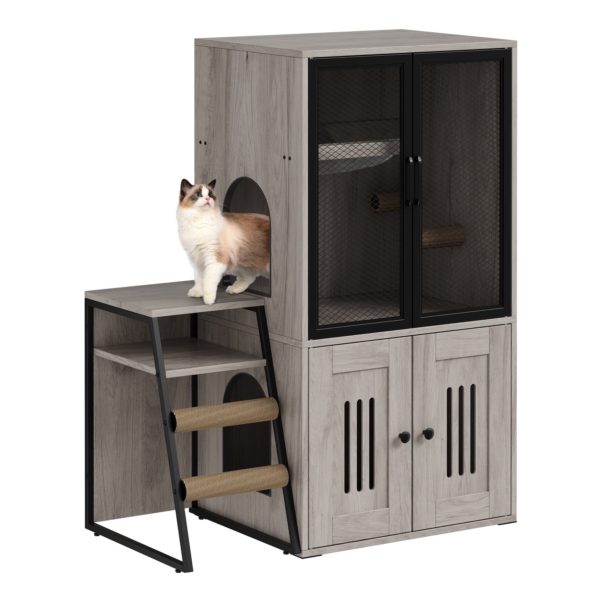 Cat Litter Box Enclosure Furniture,Hidden Litter Box Furniture with Shelf&Ladder,Double Litter Box Cabinet for Large Cats,Easy to Clean
