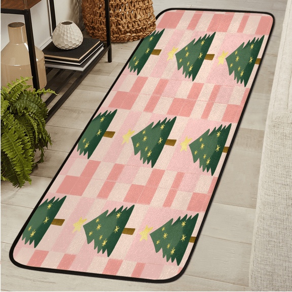 CURLYOOT Christmas Tree Runner Rug 2'x6' Washable Kitchen Runner Rug Indoor Non Slip Laundry Rugs Pinks Checked Floor Carpet for Hallway Kitchen Entryway Bedroom Living Room