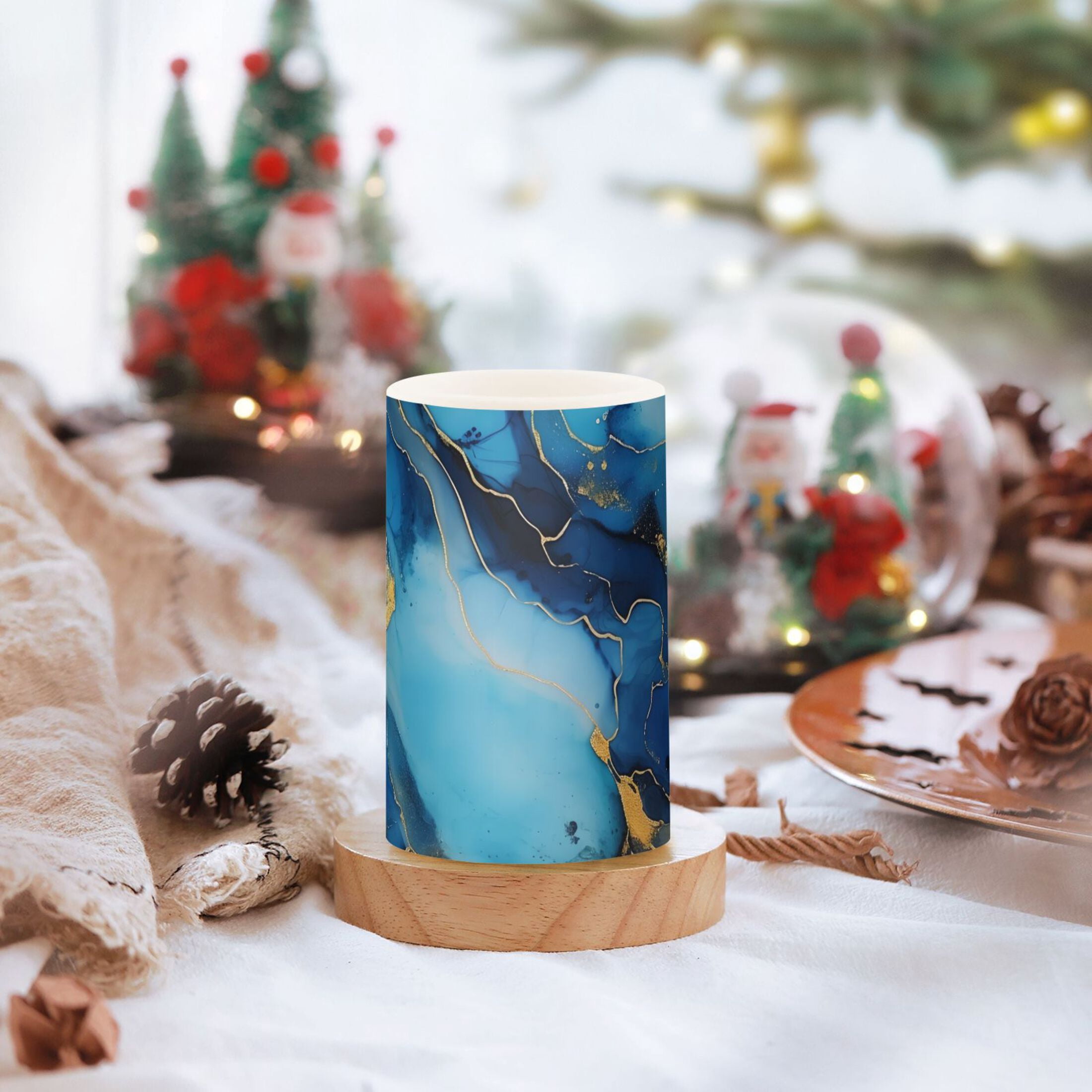 Sapphire Blue White Marble Flameless Candles with Remote Timer LED Battery Operated Flickering Candle Light for Festival Wedding Home Party