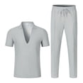thumbnail image 2 of StSilkitty Men's 2 Piece Casual Outfits Solid Color Short Sleeve Collared V Neck Shirts and Drawstring Shorts Sets Lightweight Comfy Set, 2 of 6