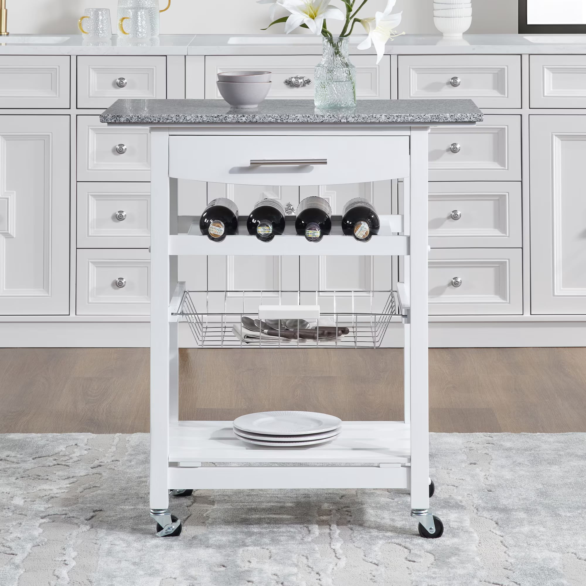 Avobird Kitchen Island Cart, Mobile Kitchen Cart with 30inch Marble Countertop/Underneath Drawer/Slide-Out Wire Storage Basket, White