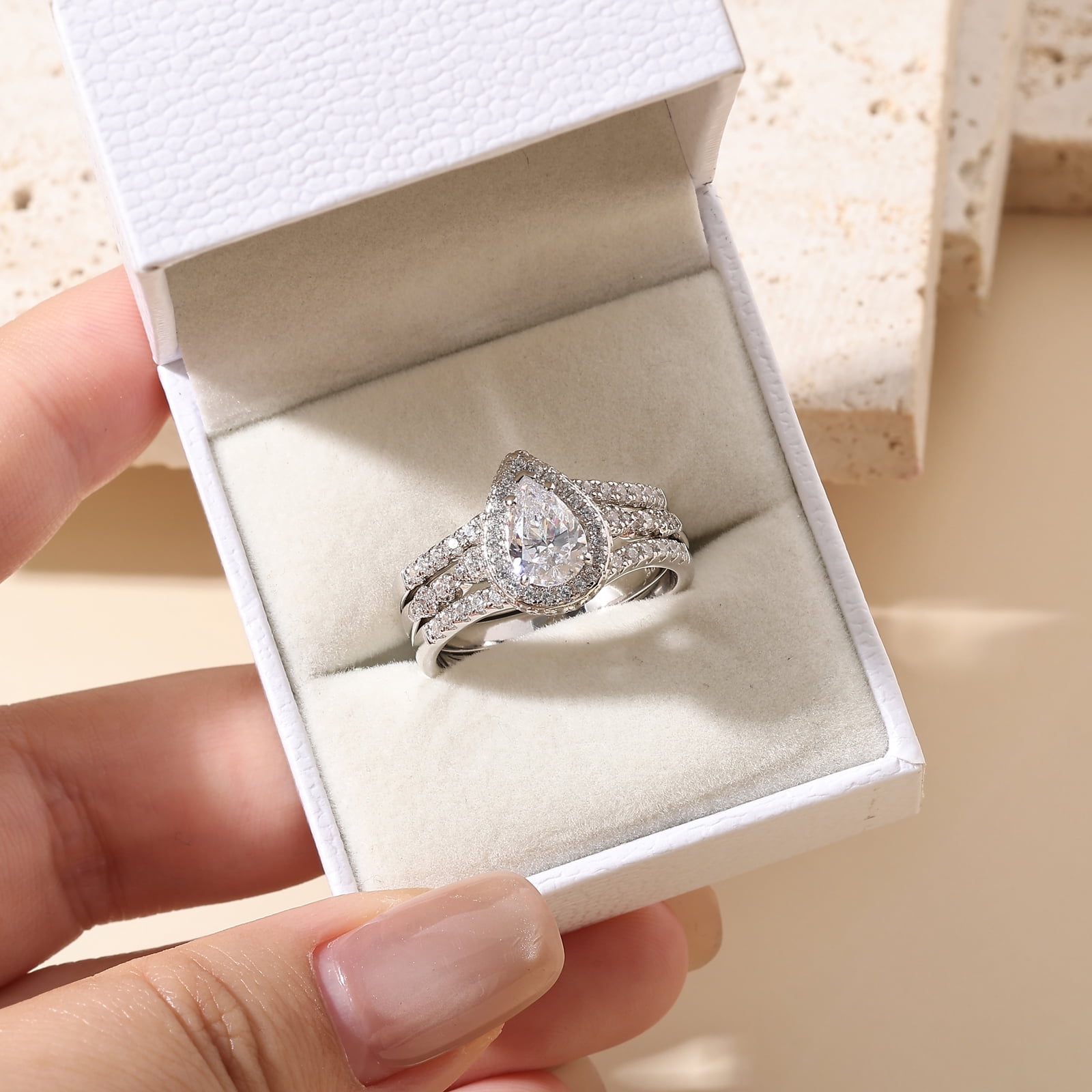 Newshe Jewellery Moissanite Wedding Rings for Women Pear Cut Engagement Ring Sets Teardrop Bridal Band Enhancer Size 7