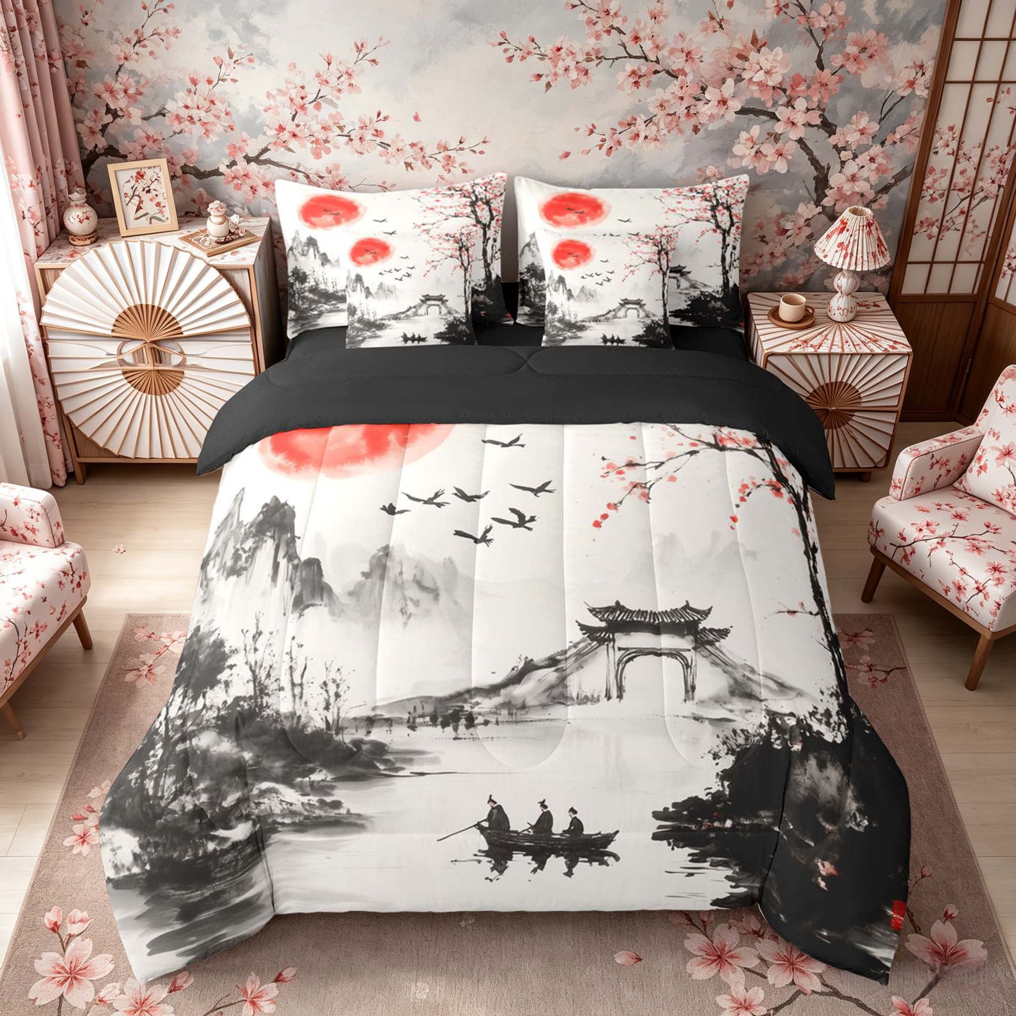 Manfei Ink Red Sun Boat Bedding Comforter Set for Girls Women, Plum Tree Queen Bedding Sets, Black Red White, Black Reversible7 Pieces
