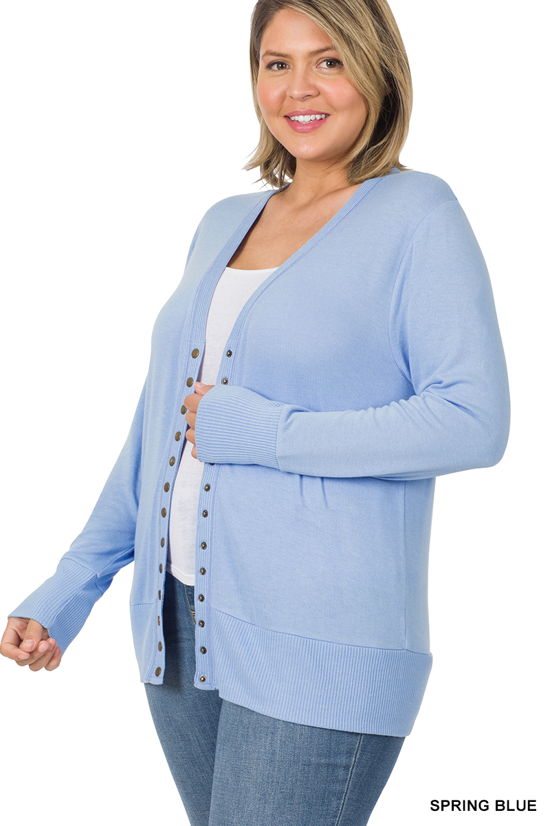 Zenana Women \u0026 Plus Classic Front V-Neck Thin Snap Button Down Long Sleeve Ribbed Knit Cardigan, Women's, Size: 2XL, Blue