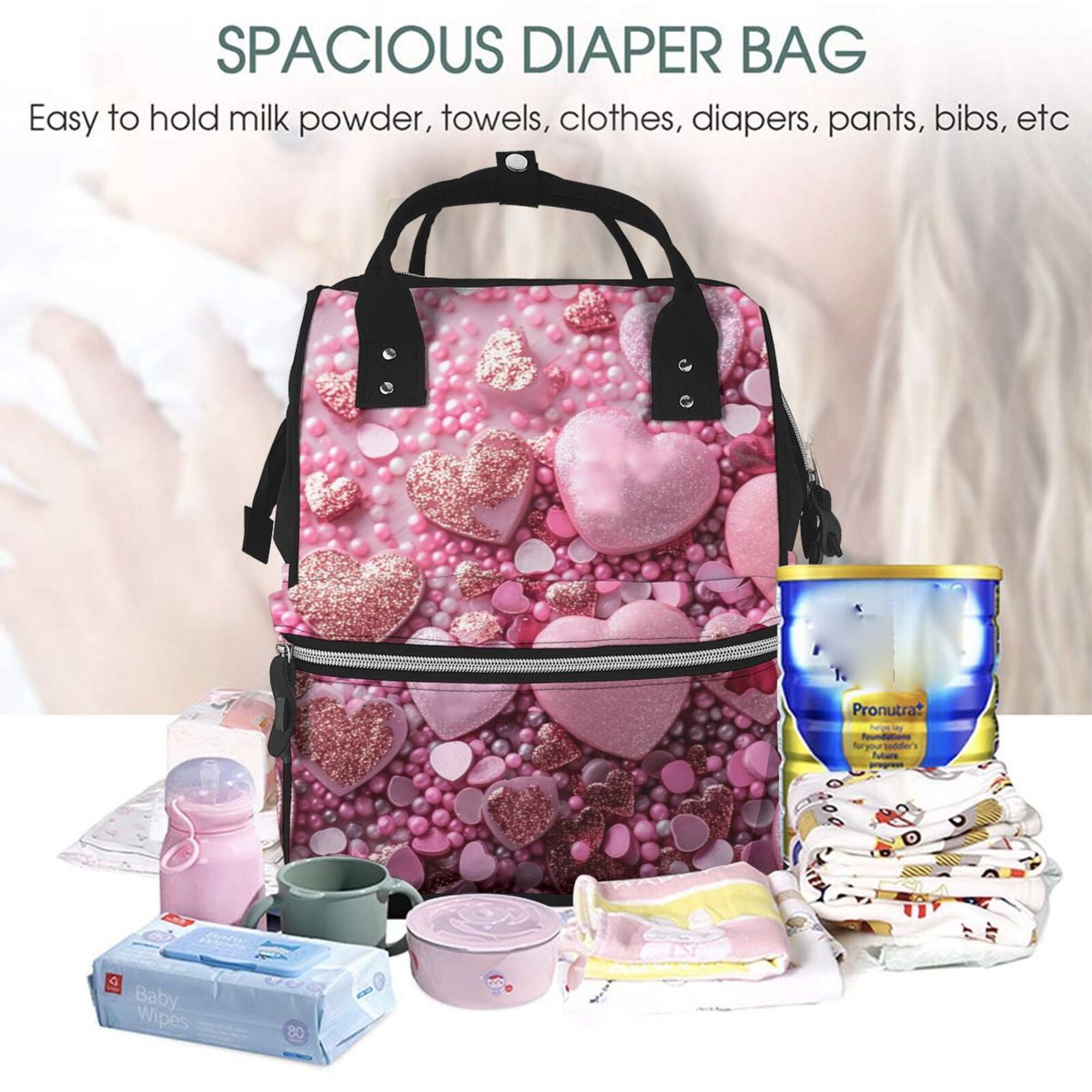 Fuzoiu Pink Glitter Heart Candy Print Diaper Bag Backpack,Baby Essentials Travel Tote,Multi function Waterproof Diaper Bag, Travel Essentials Baby Bag - Unisex