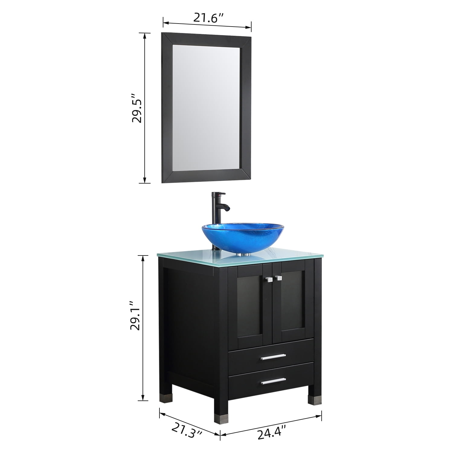 Wonline 24" Single Bathroom Vanity Cabinet Solid Wood w/ Vessel Sink Faucet Mirrors