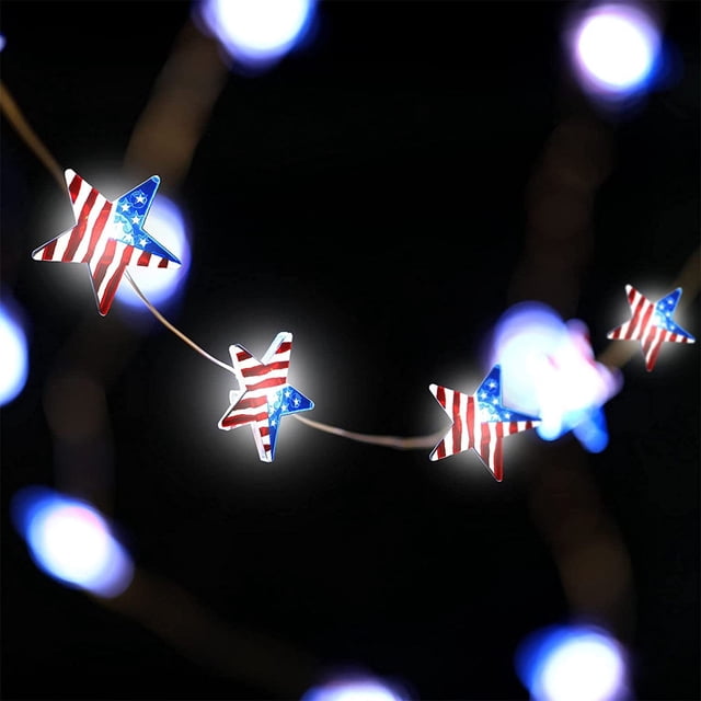 Red White Blue Lights Strings,4th of July Decorations Outdoor Lights Battery Operated String Lights,US Flag Star Lights Led For Home Patriotic Memorial Independence Day Fourth of July Decor