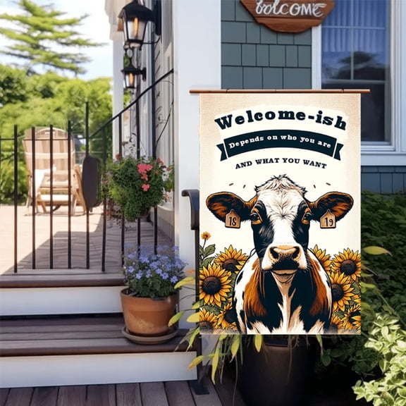 1 2D flat courtyard flag - Outdoor decoration - Welcome Cow and Sunflower pattern design - Double-sided country farmhouse courtyard flag with a welcome cow on it. It is very suitable for decorating y
