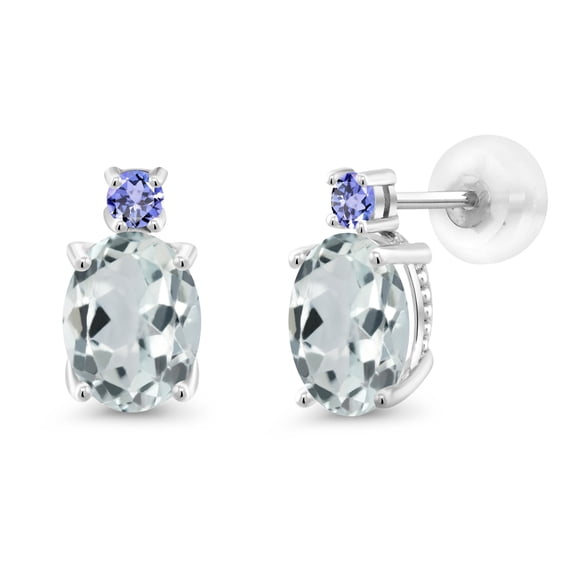 Gem Stone King 14k White Gold Sky Blue Aquamarine and Blue Tanzanite Earrings for Women (2.36Cttw, GemstoneMarch Birthstone, Oval 8X6MM, Round 2.5MM)