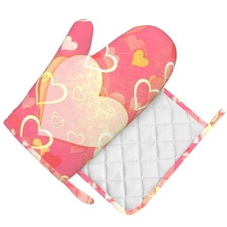 

DouZhe Oven Mitts and Pot Holders Sets Pink Romantic Heart Love Prints Non-Slip Heat Resistant Kitchen Oven Silicone Glove