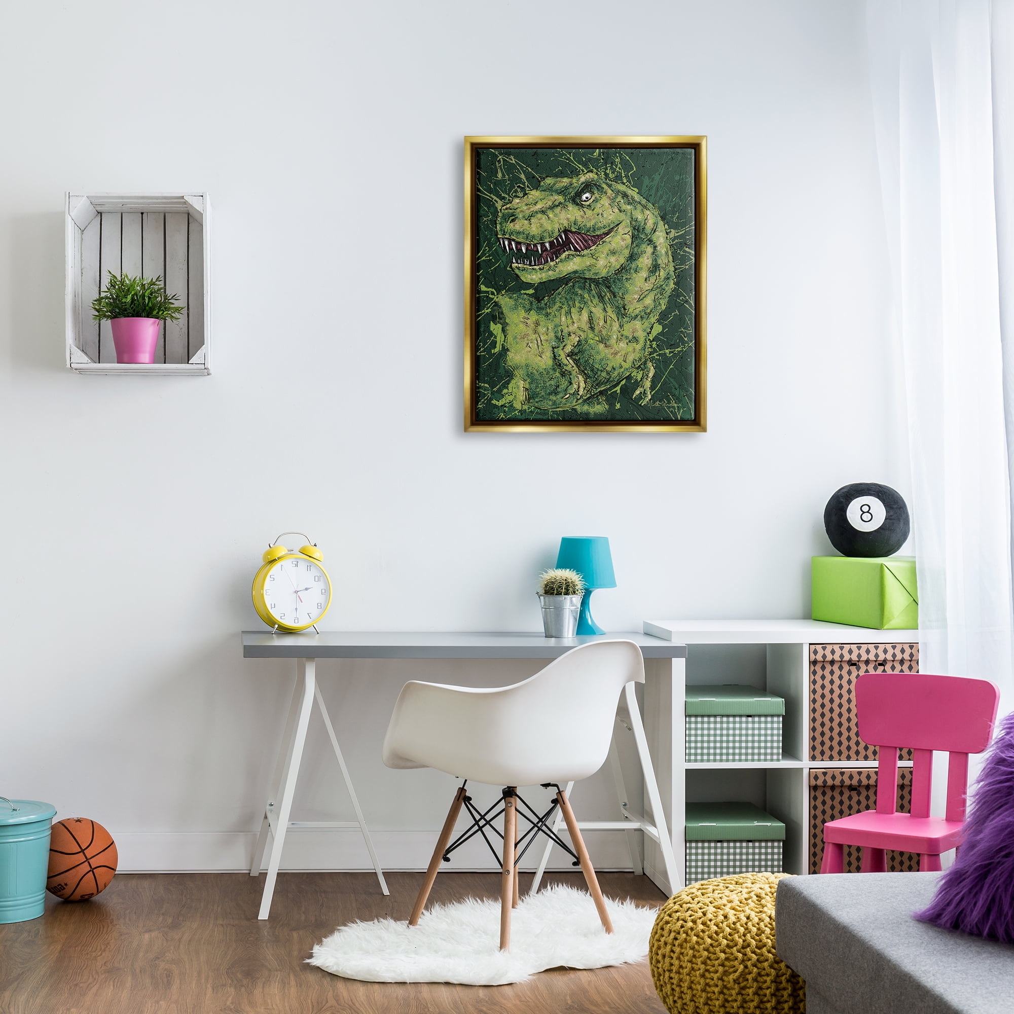Stupell Industries Green Abstract T-Rex Animals & Insects Painting Gold Floater Framed Canvas Art Print Wall Art, 25 x 31