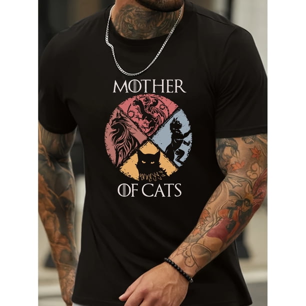 Camiseta de punto de algodón para hombre - Camiseta gráfica informal de manga corta con cuello redondo para primavera/verano/otoño - Diseño novedoso de "Madre de gatos" para amantes de los gatos, cor