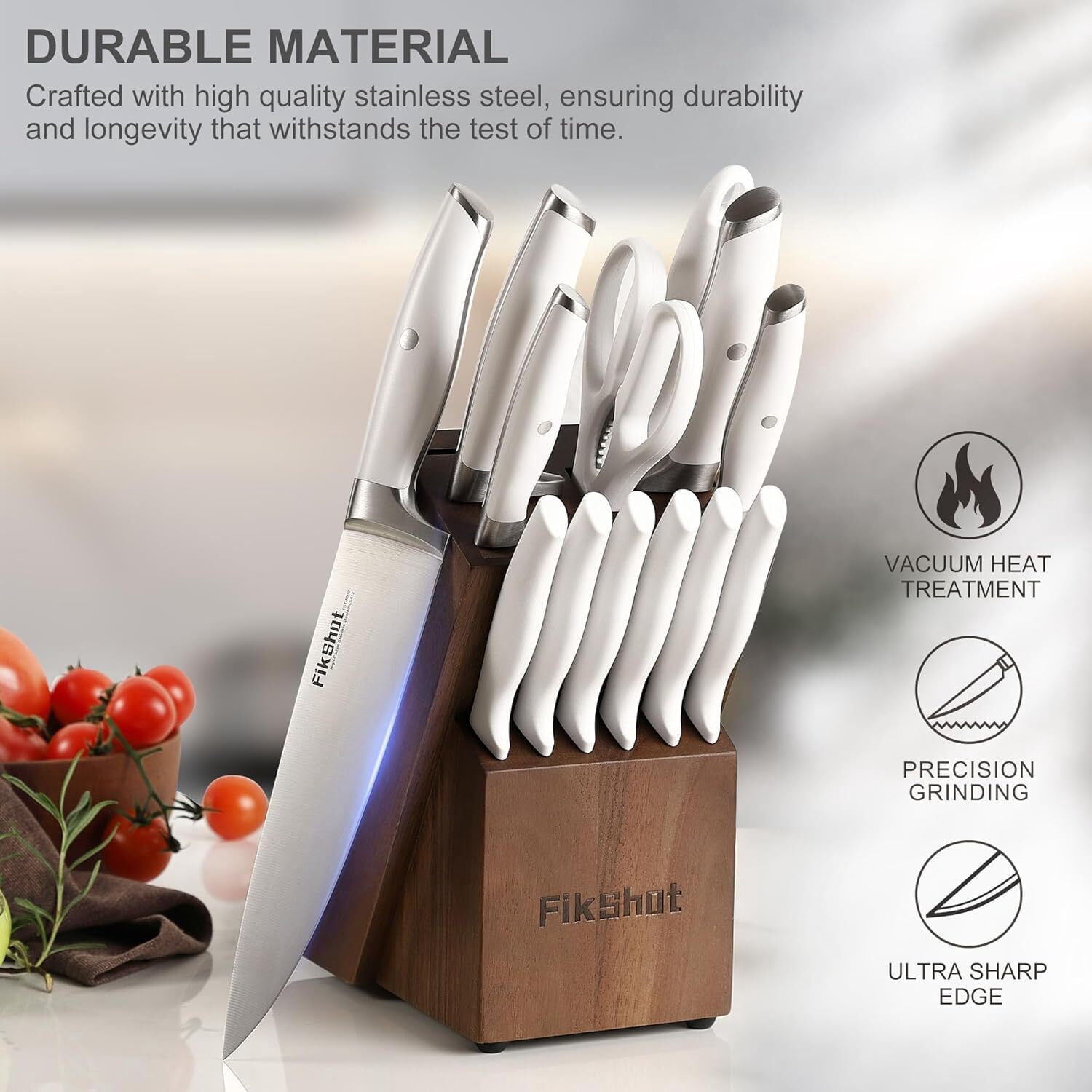 FIKSHOT 14-Piece Kitchen Knife Set with Built-in Sharpener, Professional White Stainless Steel Chef Knives, Dishwasher Safe, Silver