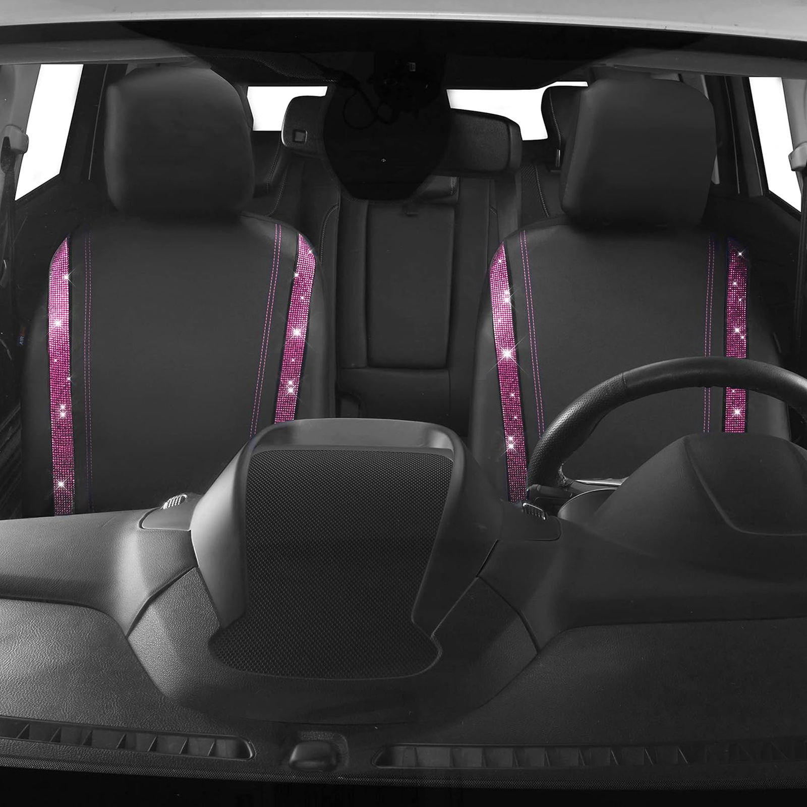 Car-Grand Bling diamond Rhinestone Leather car seat covers front pair shinning spark glitter crystal cute universal fit automotive glitter SUV truck sedan women girly Pink