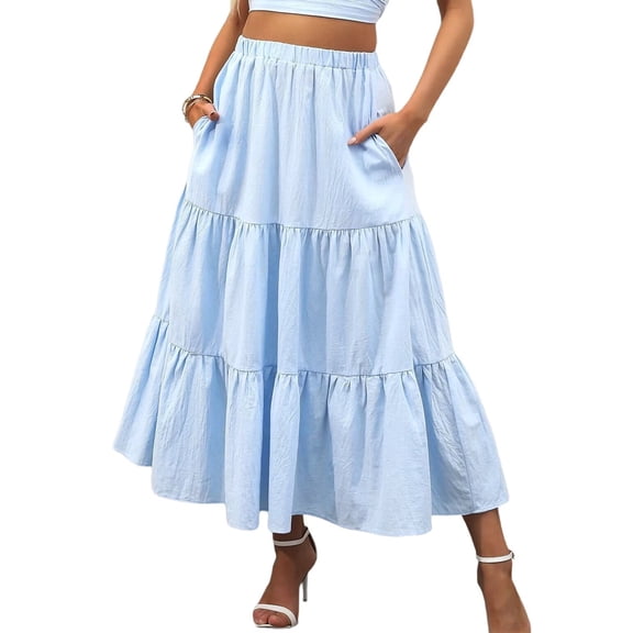 Women'S Casual Smock Layered Tiered Skirt High Waisted A Line Flowy Long Skirts with Pockets Light Blue S