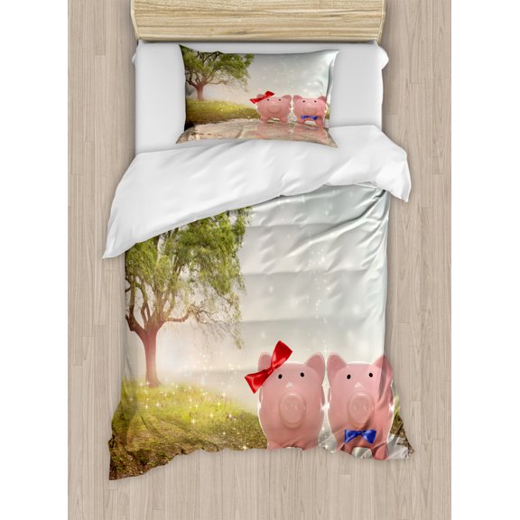 Love Duvet Cover Set Twin Size, Pigs with Ribbon Accessories Botanical Trees Clear Sky Motif Illustration Pattern, Decorative 2 Piece Bedding Set with 1 Pillow Sham, Multicolor, by Ambesonne