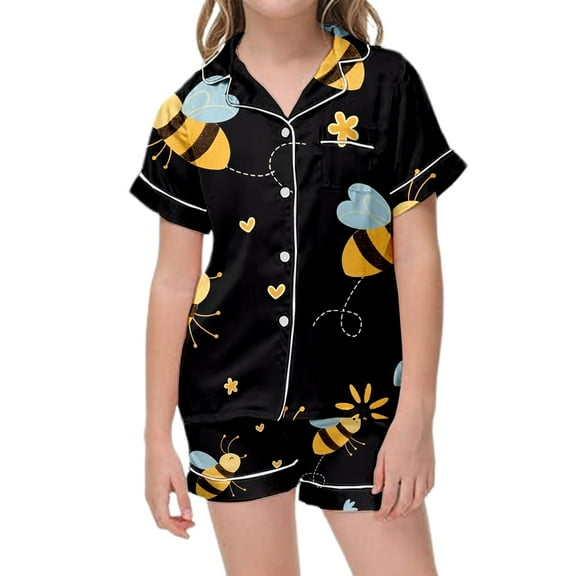 Gelikeya Pajamas Set Bee Festival Button Down Satin Short Sleeve Top and Shorts Set World Bee Day Nightgown Loungewear (Kids, 032-Black, 6-7 Years)