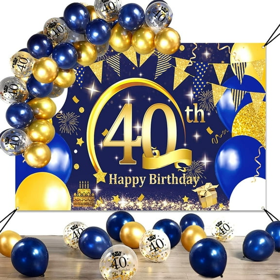 40th Birthday Decoration - Navy Blue & Gold Confetti Balloons, Happy Birthday Banner Poster & Photo Booth Backdrop