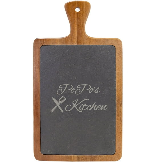 PoPo's Kitchen - 13 1/4-inch x 7-inch Acacia Wood Slate Slab Cutting Board with 3-inch Wooden Handle